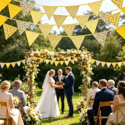 Zwiebeco 32Ft Yellow Fabric Floral Pennant Banner Bunting Cotton Flowers Triangle Flags Party Decorations for Birthday Wedding Engagement Bridal Baby Shower Rustic Village Sweet Home Garden Décor
