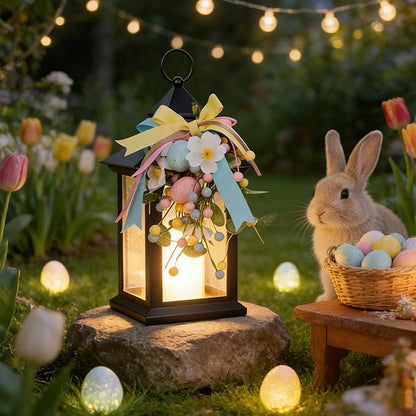 Easter Decorative Candle Lanterns, Battery Operated with Timer, 2 Pack Black Easter Egg Lanterns, 14" Waterproof Hanging Lanterns for Porch, Patio, Wedding Spring Decor