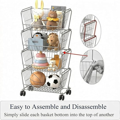 PUSDON 4-Tier Large Stackable Wire Storage Baskets with Wheels, Metal Rolling Utility Cart Organizer, Fruit and Vegetable Produce Basket for Kitchen Pantry, Bathroom Floor Shelf, Silver Grey