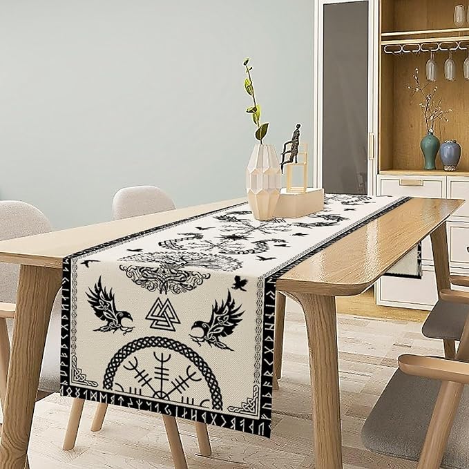 Viking Tree of Life Table Runner, Raven Helmet of Awe Seasonal Table Runner for Kitchen Dining Home Party 13x60in
