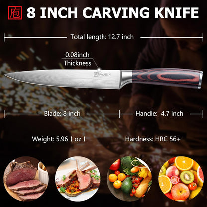 Paudin Carving Knife 8 inch, Ultra Sharp Brisket Slicing Knives, Premium Meat Cutting Knives German Stainless Steel, BBQ Knife with Ergonomic Handle
