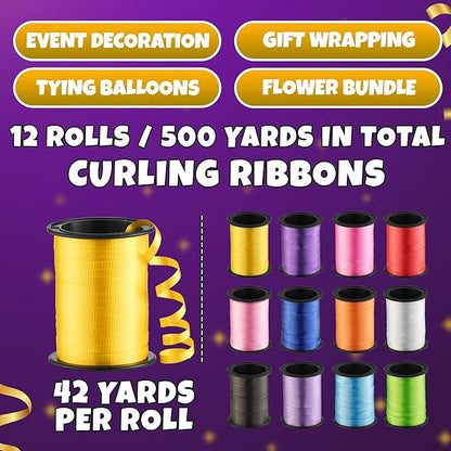 12-Rolls Curling Ribbon for Gift Wrapping - 3/16in x 125 Feet Per Roll - Curling Balloon String Ribbon Set for Presents, Bows, DIY Arts & Crafts, Wedding, Happy Birthday Decorations, Assorted Colors