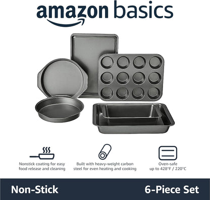 6 Piece Nonstick, Carbon Steel Oven Safe Bakeware Set with Cake, Muffin, Cookie, and Loaf Pans, 6 Piece, 16.25 x 11.75 x 6.25 inches