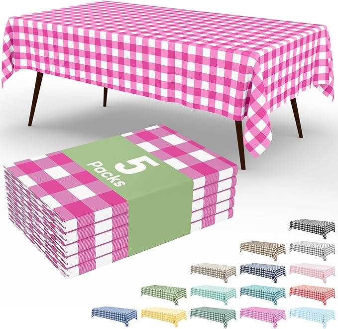 Smiry 5 Pack Hot Pink Gingham Disposable Tablecloths - 54" x 108" Heavy Duty Plastic Table Cloth, Waterproof Buffalo Plaid Table Covers for Picnic, Banquets, Parties