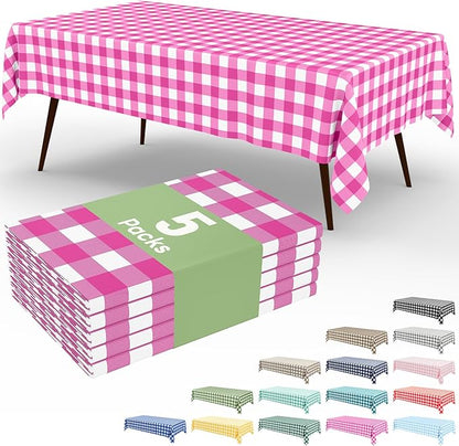 Smiry 5 Pack Hot Pink Gingham Disposable Tablecloths - 54" x 108" Heavy Duty Plastic Table Cloth, Waterproof Buffalo Plaid Table Covers for Picnic, Banquets, Parties