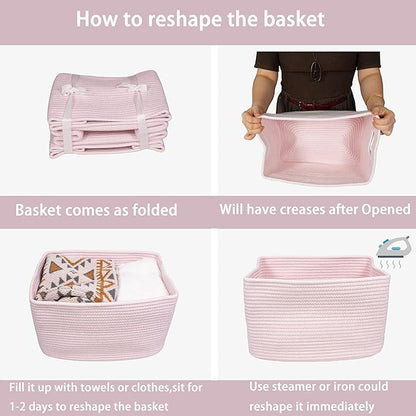 Cotton Rope storage Basket Bins Woven Basket for Organizing Shelves 15X10X9.3" Rectangle Decorative Baskets For storage Clothes Toys Books Towels Nursery basket organizer 3 pack light pink