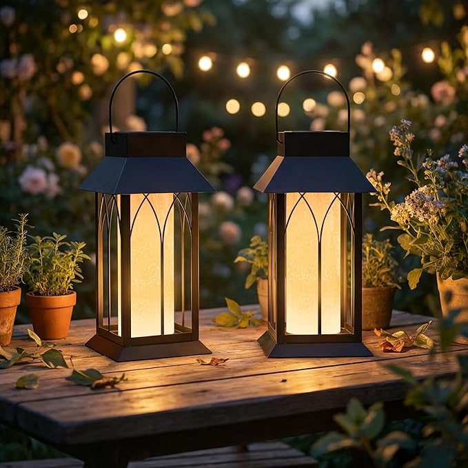 Solar Lantern Outdoor Waterproof ,Black Heavy Duty Metal Solar Powered Hanging or Table Lamp for Patio, Garden, Yard, Porch - Decorative Warm White Lights
