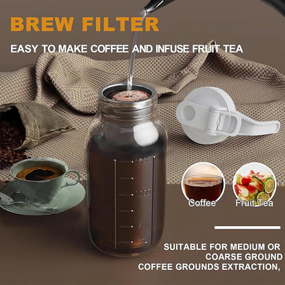 Cold Brew Coffee Maker Jar - 64oz Thick Glass Multipurpose Mason Pitcher Spout Lid with Handle & Stainless Steel Filter for Iced Coffee, Lemonade