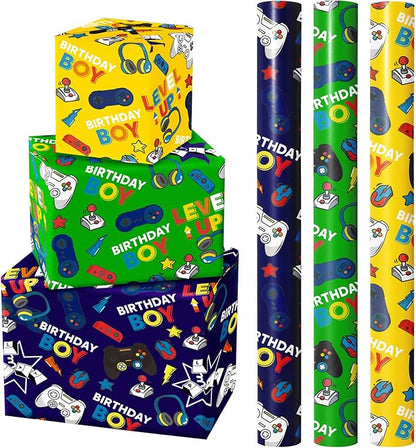WRAPAHOLIC Gaming Wrapping Paper - 3 Short Roll - Video Game Birthday Wrapping Paper for Kids Boys Birthday, Game Lover - 17 Inch x 120 Inch Per roll