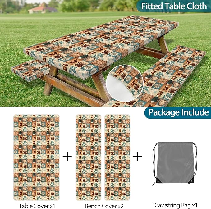 JAWO Coffee Pattern Picnic Table Cover,Bohemian Geometric Vintage Floral Tablecloth with Elastic Edge,Camping Design for Outdoor Camping, BBQ Decor, 72x30 Inch