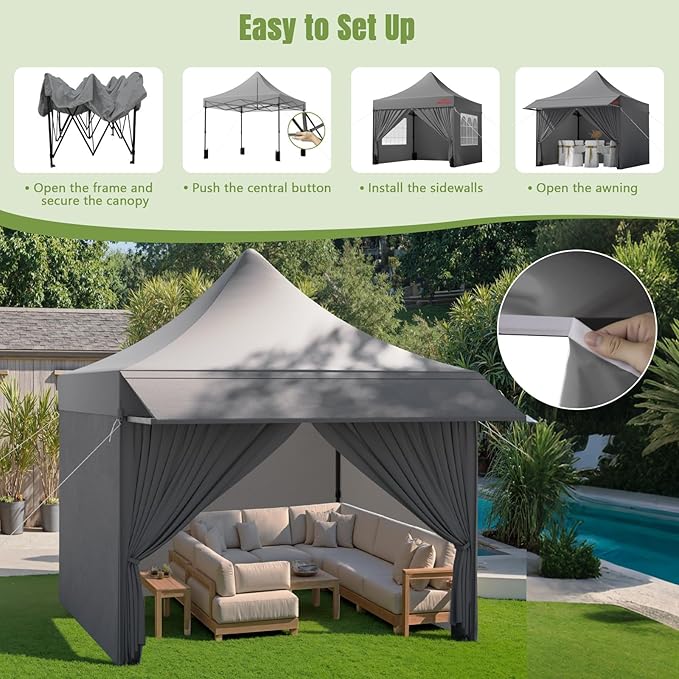 10x10 Pop Up Canopy Tent with Awning and Sidewalls, 550D Commercial Canopy, Waterproof Party Tent with Roller Bag, Grey