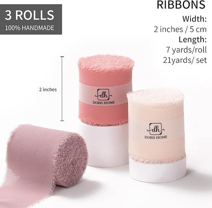 DORIS HOME 2" x21Yd Chiffon Ribbon for Flower Bouquet, Pink & Dusty Rose Fabric Ribbon for Gift Wrapping, Handmade Frayed Ribbon for Wedding/Christmas Decorations