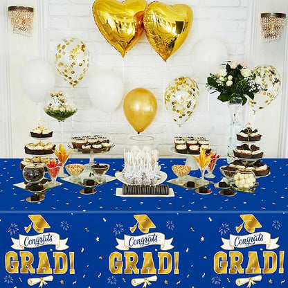2Pack 2026 Graduation Decorations, 108" X 54" Graduation Tablecloth, Bluegold Disposable Table Cloths for Grad Party Favors Supplies, Rectangle Plastic Tablecover for Class 2026 Congrats Grad for Kids
