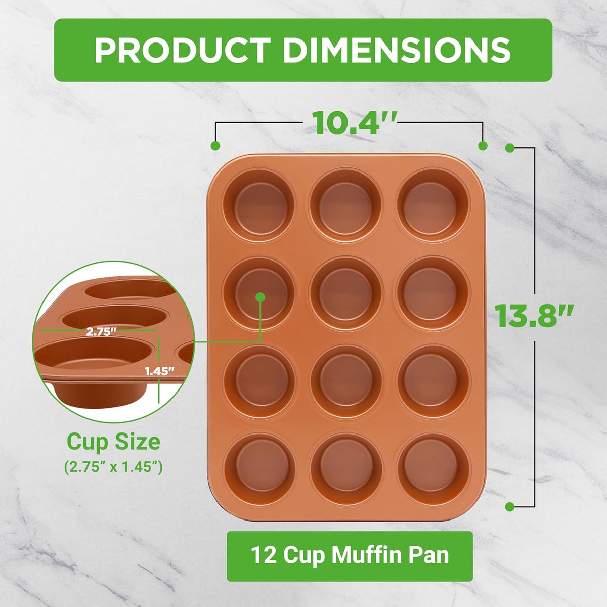 NutriChef 12-cup Copper Oven Muffin Pan, Non-Stick Coated Layer Surface, Even Heating Muffin Tray for Muffins, Cupcakes, Pastries & Mini Pies