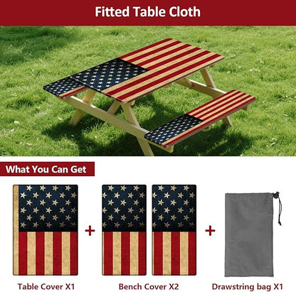 Picnic Table Cover with Bench Covers 6FT 3PCS, Camping Essentials Waterproof Windproof Tablecloth with Drawstring Bag, Fitted Rectangle Tables and Seats, 72", US Flag