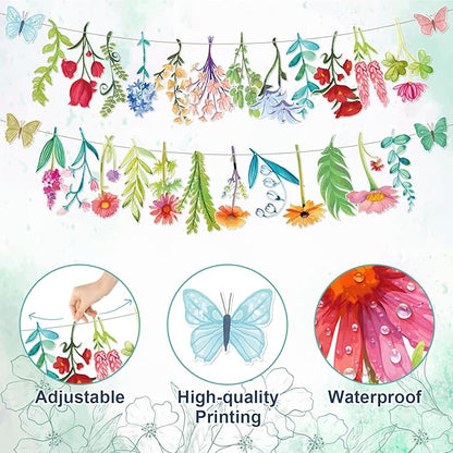 Wildflower Butterfly Party Garland Wedding Party Banner Decorations for Spring Garden Tea Party Birthday Wedding Bridal Baby Shower Supplies