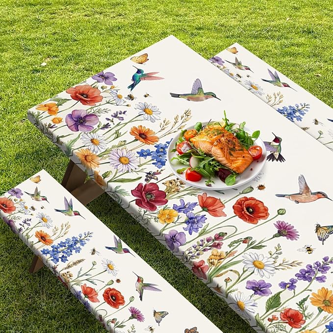 Picnic Table Cover with Bench Covers Elastic Edges, Floral Camper Fitted Table Cover, Outdoor Camping Essentials 72 Inch 3PCS, Waterproof Camping Fitted Tablecloth with Drawstring Bag