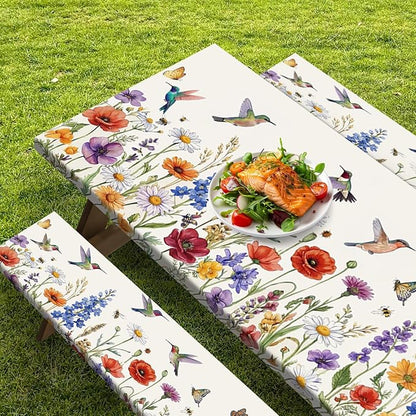 Picnic Table Cover with Bench Covers Elastic Edges, Floral Camper Fitted Table Cover, Outdoor Camping Essentials 72 Inch 3PCS, Waterproof Camping Fitted Tablecloth with Drawstring Bag