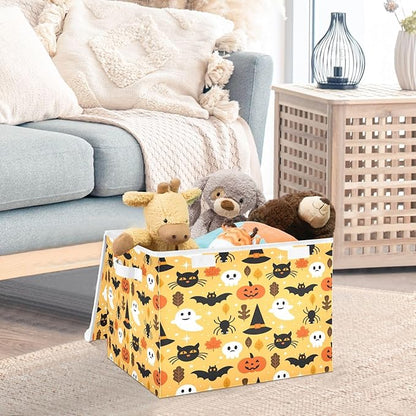 Large Collapsible Storage Bins with Lids, Halloween Spooky Skull Pumpkin Black Cat Storage Baskets Organizer Containers with Handles for Nursery Clothes Toys