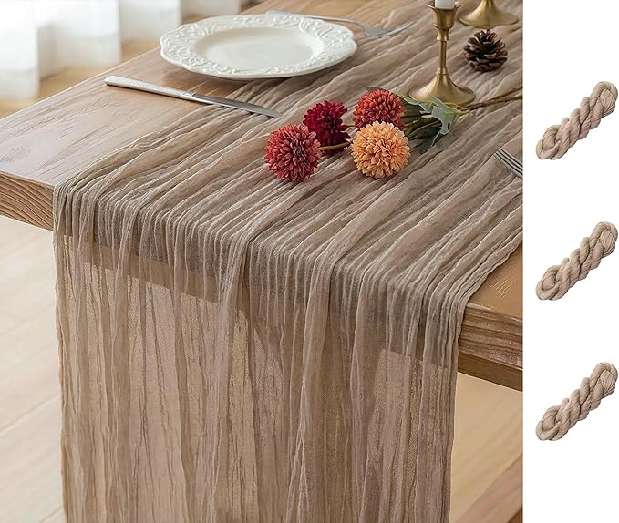 FEXIA 3 Pack Nude Table Runner 35x120 Inches for Baby Shower Decoration Gauze Rustic Table Runner for Wedding Party First Communion Centerpiece Engagement Bridal Shower Boho Decoration