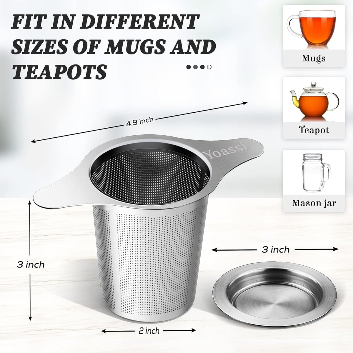 Extra Fine 18/8 Stainless Steel Tea Infuser Mesh Strainer with Large Capacity & Perfect Size Double Handles for Hanging on Teapots, Mugs