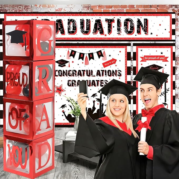 Graduation Decorations 2026,4 Pcs Transparent Balloon Boxes with Letters of GRAD,PROUD OF YOU,Class of 2026 130pcs Red and Black Balloon Arch Kit for High School College 2026 Grad Party Supplies