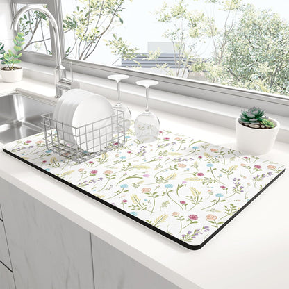Rnivvi Dish Drying Mat for Kitchen Counter, XL 15 x 24" Cute Flower Theme Absorbent Draining Pad, Non-Slip Heat Resistant Coffee Bar Mat for Coffee Machine Station Accessories, White Dish Rack Pad