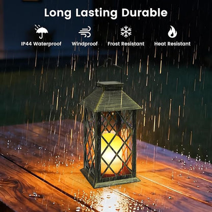 Solar Lantern Outdoor, 2 Pack 14" Waterproof Outdoor Garden Hanging Lanterns ,Flickering Dancing Flame Candle Mission Lights for Outdoor Mothers Day Gifts and Christmas