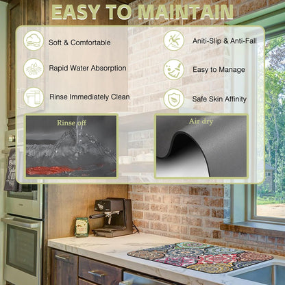 Dish Drying Mat Bohemia Vintage Decorative Pattern Kitchen Mat 16"x24" Bsorbent Coffee Maker Mat for Dishes,Utensils Coffee Maker Pots and Pans Easy Clean Dish Slip Resistant Pad