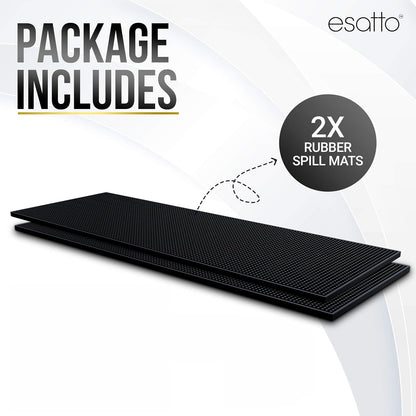 Esatto 23.375” x 7.75” Double Width Professional Spill Bar Supply Mat Bartender Non-Slip Black Bar Mat Coffee Drinks Mixing Pad for Bars, Home, Kitchen, Restaurants (2 Pack, Black)