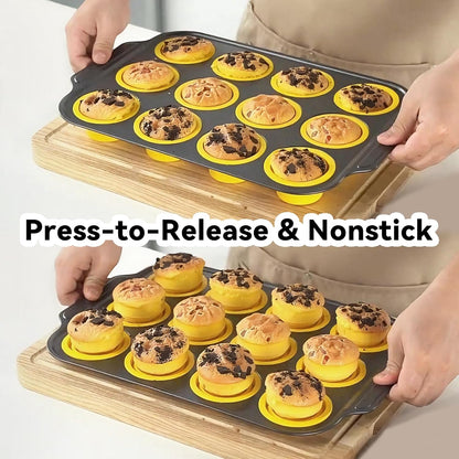 Silicone Muffin Pan, 12 Cup Muffin Pans with Metal Frame, Silicone Cupcake Pan for Baking, Non Stick Baking Cups with Press To Release Design, Cake Pop Mold, Egg Bites Mold, Yellow