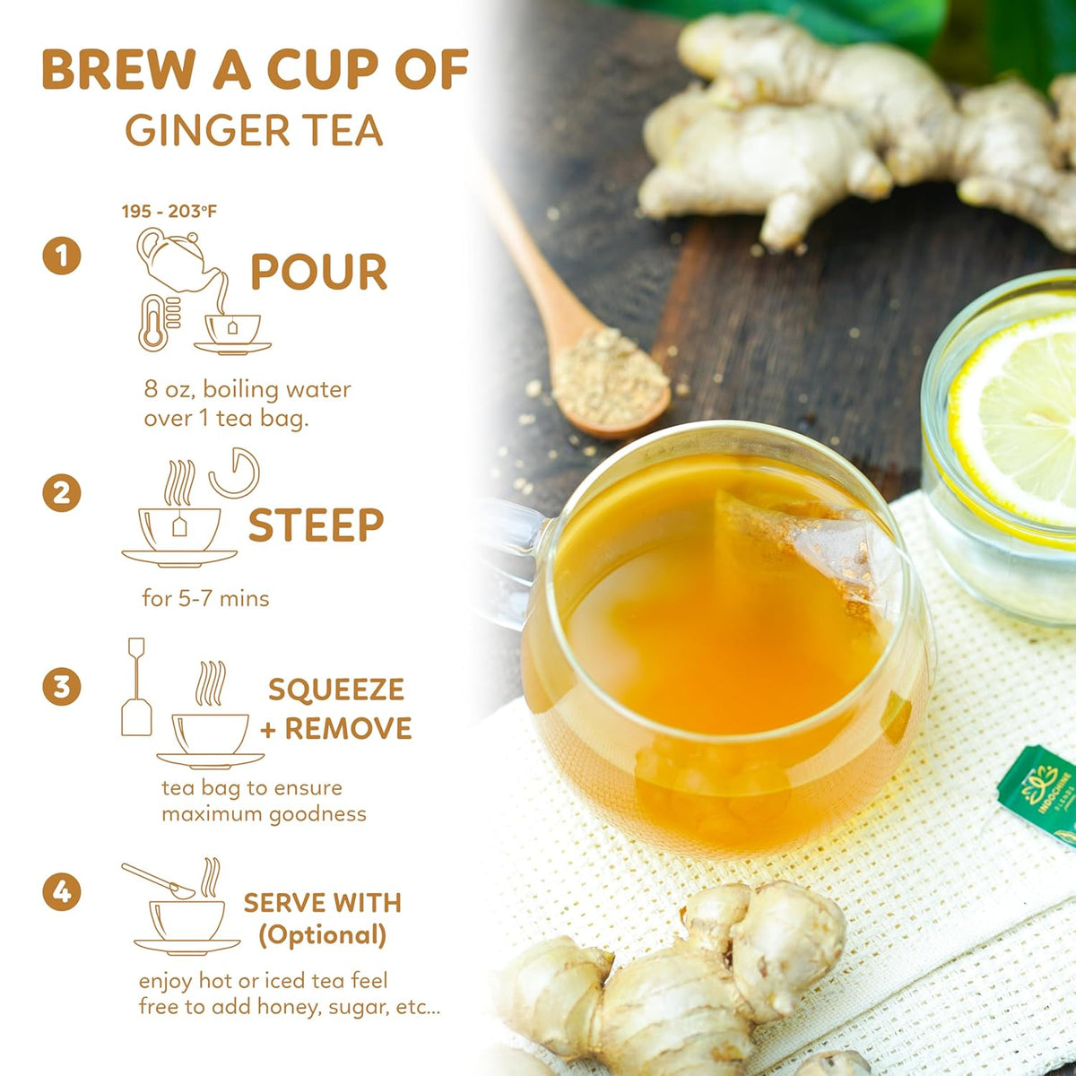 Indochine Blends, Ginger Tea Bags, 50 Teabags, 2g/bag, Individually Wrapped Envelopes, Caffeine-free, No Sugar