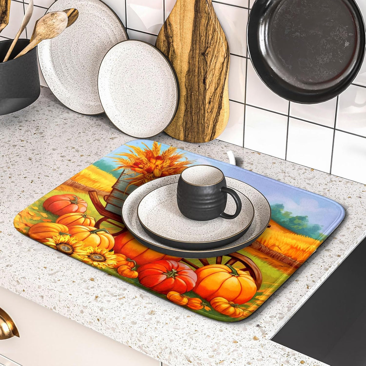 Thanksgiving Autumn Harvest Pumpkin Dish Drying Mat for Kitchen Counter,Sunflowers and Cart Drying Mat 16 x 18 Inch Microfiber Dish Drying Pad Ear of