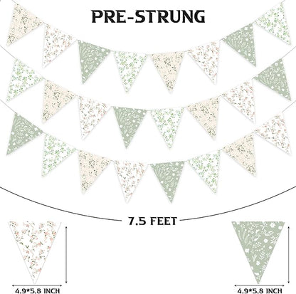 3pcs Sage Green Floral Triangle Bunting Banners Garland, Boho Wildflower Pennant Flags for Baby Shower Bridal Shower Wedding Birthday Party Garden Home Decor