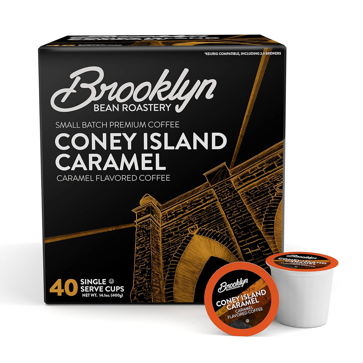 Brooklyn Beans Coney Island Caramel Gourmet Coffee Pods - Compatible with Keurig K Cup Brewers Including 2.0 Machines, 40 Count