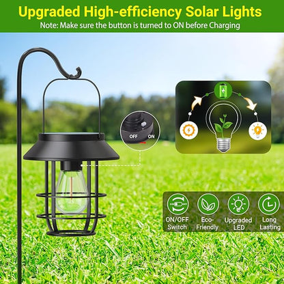 Solar Lanterns Outdoor Waterproof, High Brightness Hanging Solar Lights for Outside with Wall Hooks, Christmas Decor Retro Metal Outdoor Lanterns Auto On/Off for Patio, Yard Decor, Black,2Pack