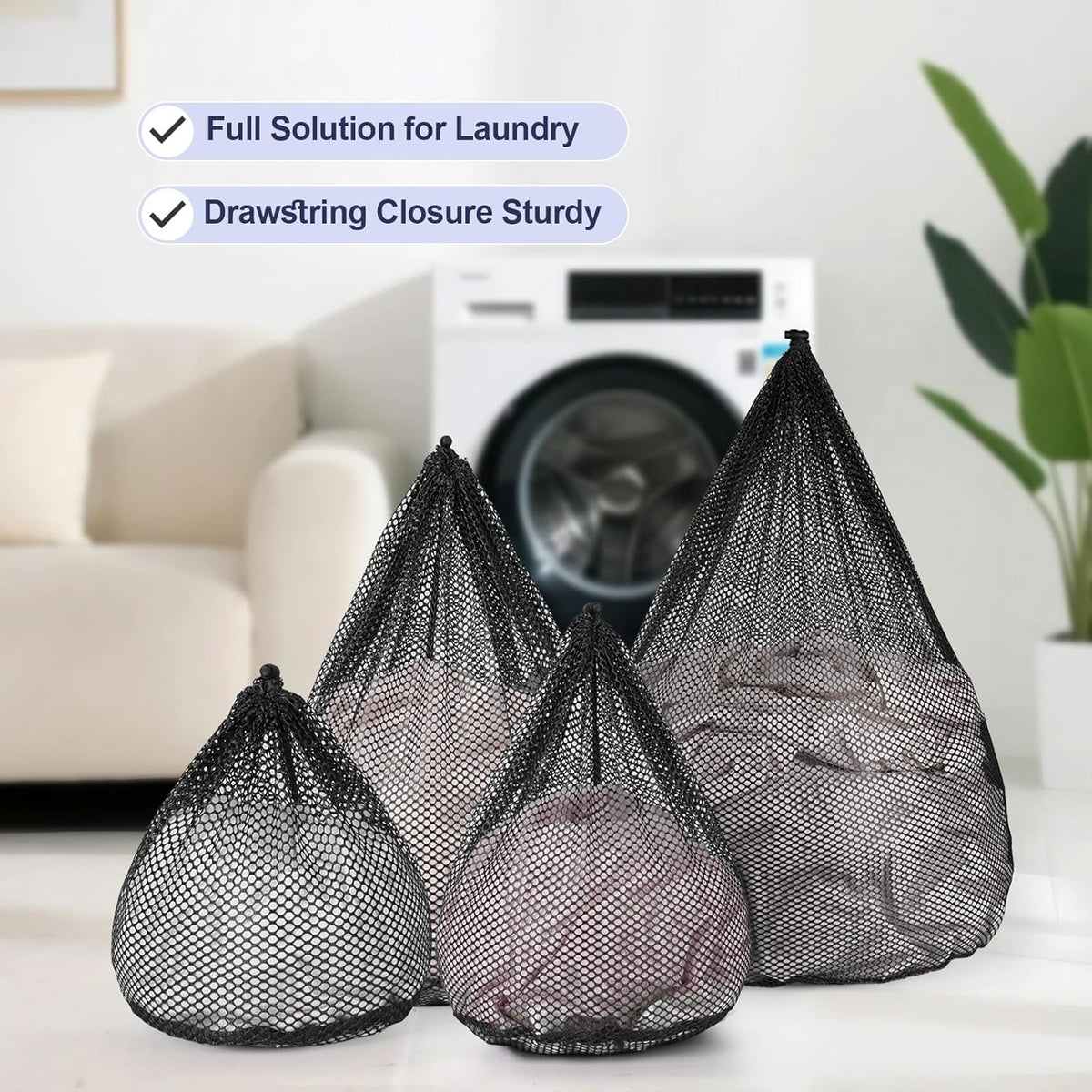 4Pcs Mesh Laundry Bags Washing Machine Mesh Wash Bags Jumbo for Delicates Clothes,Bed Linen,Toys with Drawstring Closure Sturdy (Black, Pack 4 Pcs)