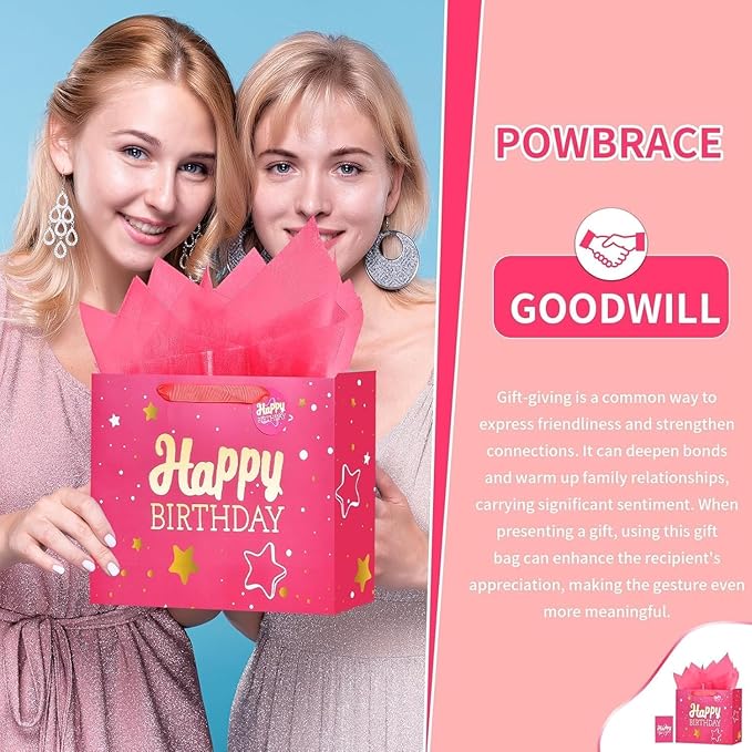 Powbrace 16" Pink Happy Birthday Gift Bag with Tissue Paper and Greeting Card for Party,Happy Birthday Gift Bag for Men Women,Gift Bags Extra Large(2 PCS Pink Hot Stamping)