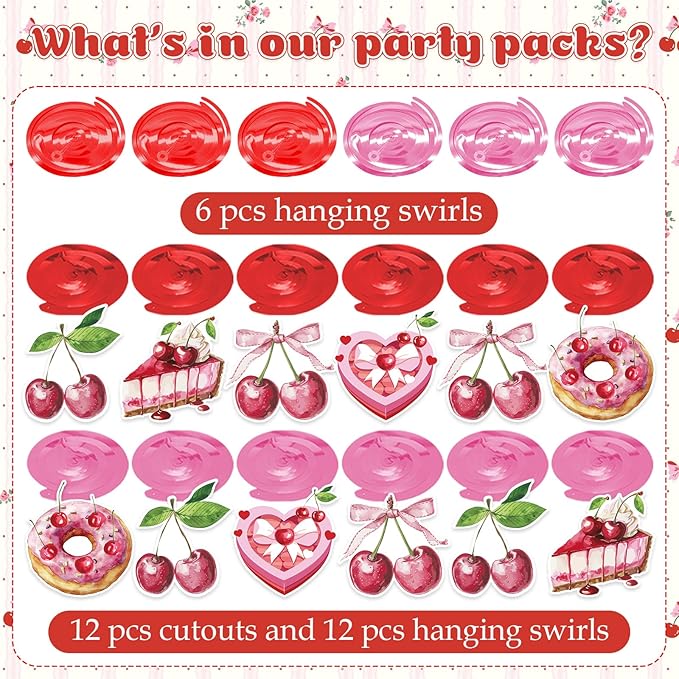 Cherry Hanging Swirls - 30 Pcs Cherry Party Decorations Cherry Bow Donut Ceiling Hanging Streamers for Girls Birthday Baby Shower Party Supplies