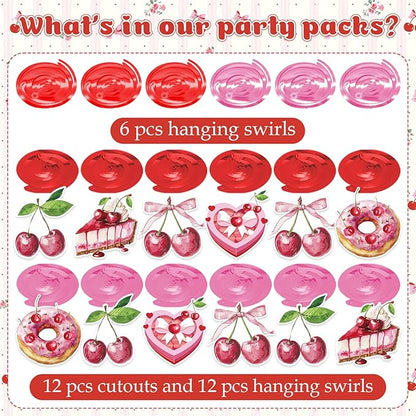 Cherry Hanging Swirls - 30 Pcs Cherry Party Decorations Cherry Bow Donut Ceiling Hanging Streamers for Girls Birthday Baby Shower Party Supplies