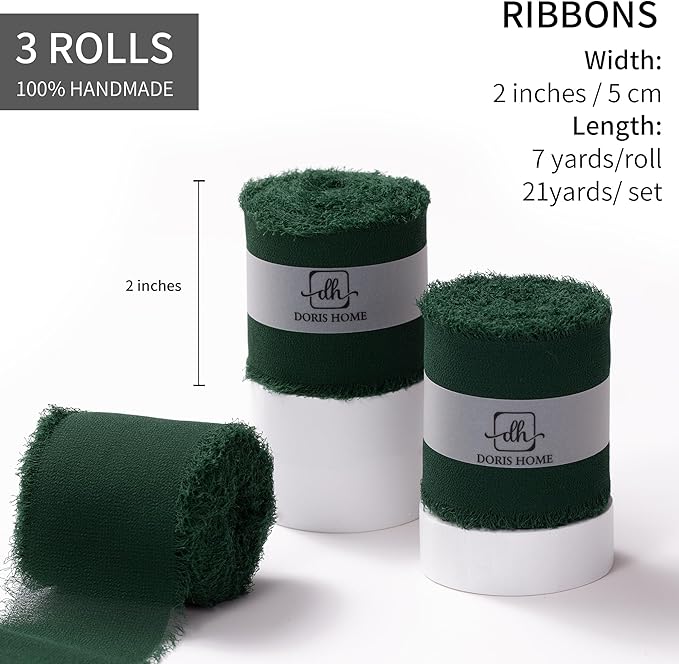 DORIS HOME Dark Green Chiffon Ribbon for Flower Bouquet, 2" x21Yd Fabric Ribbon for Gift Wrapping, Handmade Frayed Ribbon for Wedding/Christmas Decorations