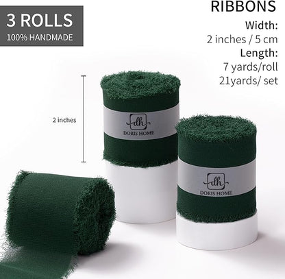 DORIS HOME Dark Green Chiffon Ribbon for Flower Bouquet, 2" x21Yd Fabric Ribbon for Gift Wrapping, Handmade Frayed Ribbon for Wedding/Christmas Decorations
