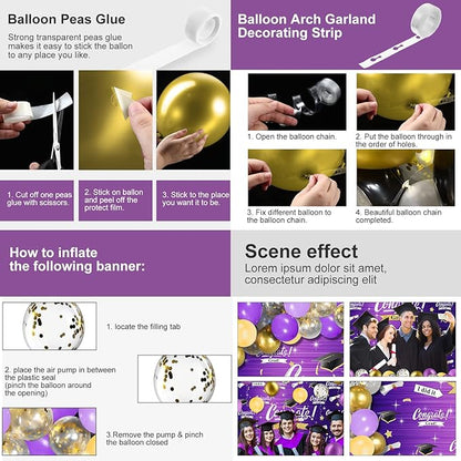Graduation Party Decorations Including Congrats Grad Photography Backdrop Banner Balloons Garland Arch Kit for Adults Kids Grad Party Decoration Supplies (Purple and Gold)