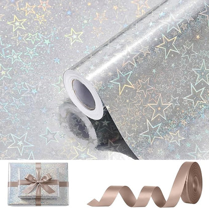 Bafeil Silver Holographic Star Wrapping Paper Roll with Ribbon, Metallic Shiny Gift Wrap, 17 in x 32.8 ft, Sparkly Silver Wrapping Paper for Birthday, Wedding, Graduation, Baby Shower & Holiday Gifts