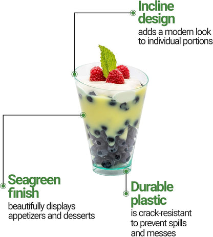 Restaurantware 7 Ounce Plastic Glasses 100 Round Incline Shooter Cups- Disposable Small Seagreen Plastic Round Bowls Unique Design For Soups