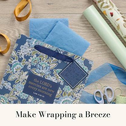 Christian Art Gifts Large Portrait Inspirational Scripture Gift Bag, Tag & Wrapping Tissue Paper Set for Women: Mercies are New Encouraging Bible Verse, Sturdy Satin Ribbon Handles, Blue/Green Floral
