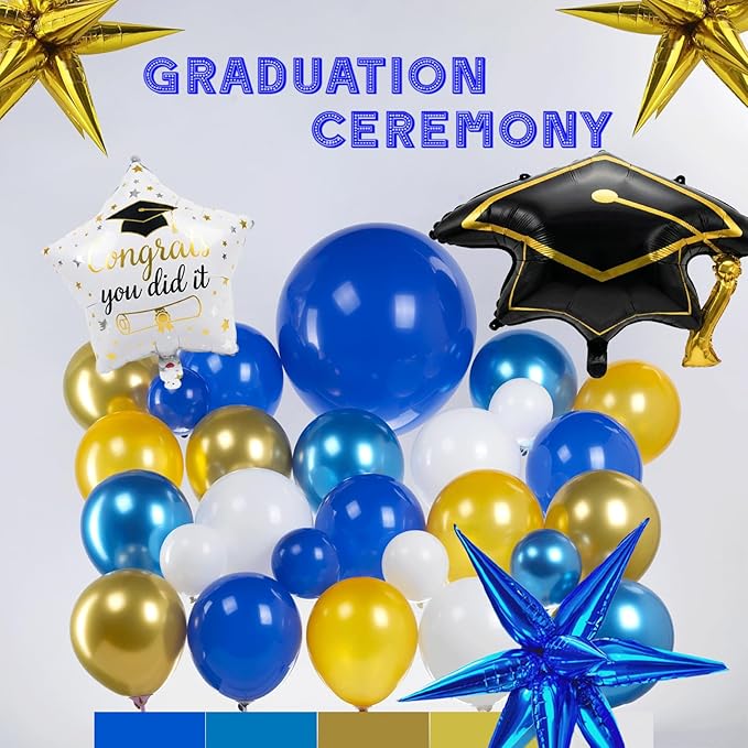 Royal Blue and gold Graduation Balloon Garland Kit with Gaduation cap diploma and explosion star foil balloons for Luxurious Graduation Party Decorations the Class of 2026 supplies