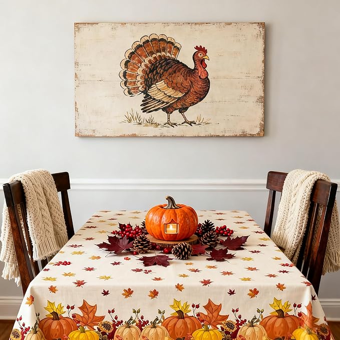 Fall Thanksgiving Plastic Tablecloths - 2 Pack Autumn Themed Pumpkins and Maple Leaves, 54" x 108" Disposable Tablecloths for Fall Thanksgiving Harvest Party Decorations