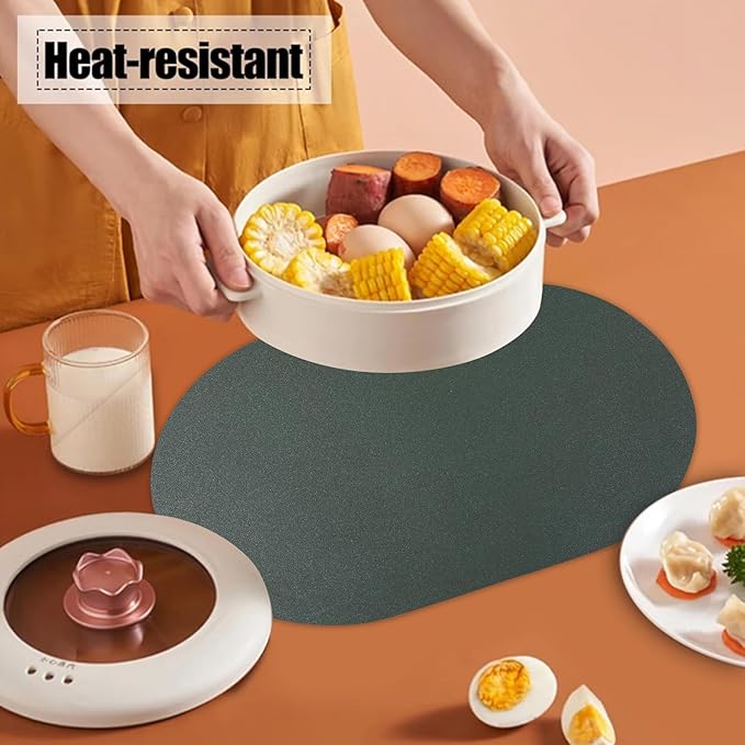 Faux Leather Placemats Set of 6 Oval Reversible Placemat Waterproof Green and Grey PU Table Mats Heat Resistant Anti Slip Wipeable Place Mat for Indoor and Outdoor Dining Table