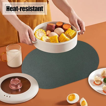 Faux Leather Placemats Set of 6 Oval Reversible Placemat Waterproof Green and Grey PU Table Mats Heat Resistant Anti Slip Wipeable Place Mat for Indoor and Outdoor Dining Table